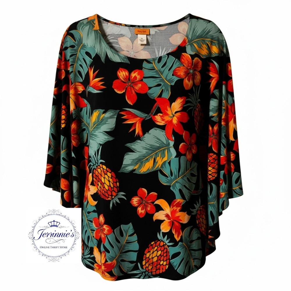 Ruby Rd Womens XL Tropical Pineapple Floral Poncho Top Flutter Sleeve Black